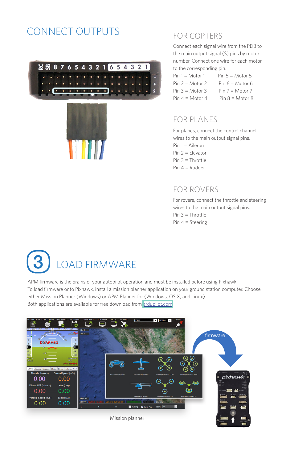 Load firmware, Connect outputs | 3D Robotics Pixhawk Autopilot User Manual | Page 5 / 14