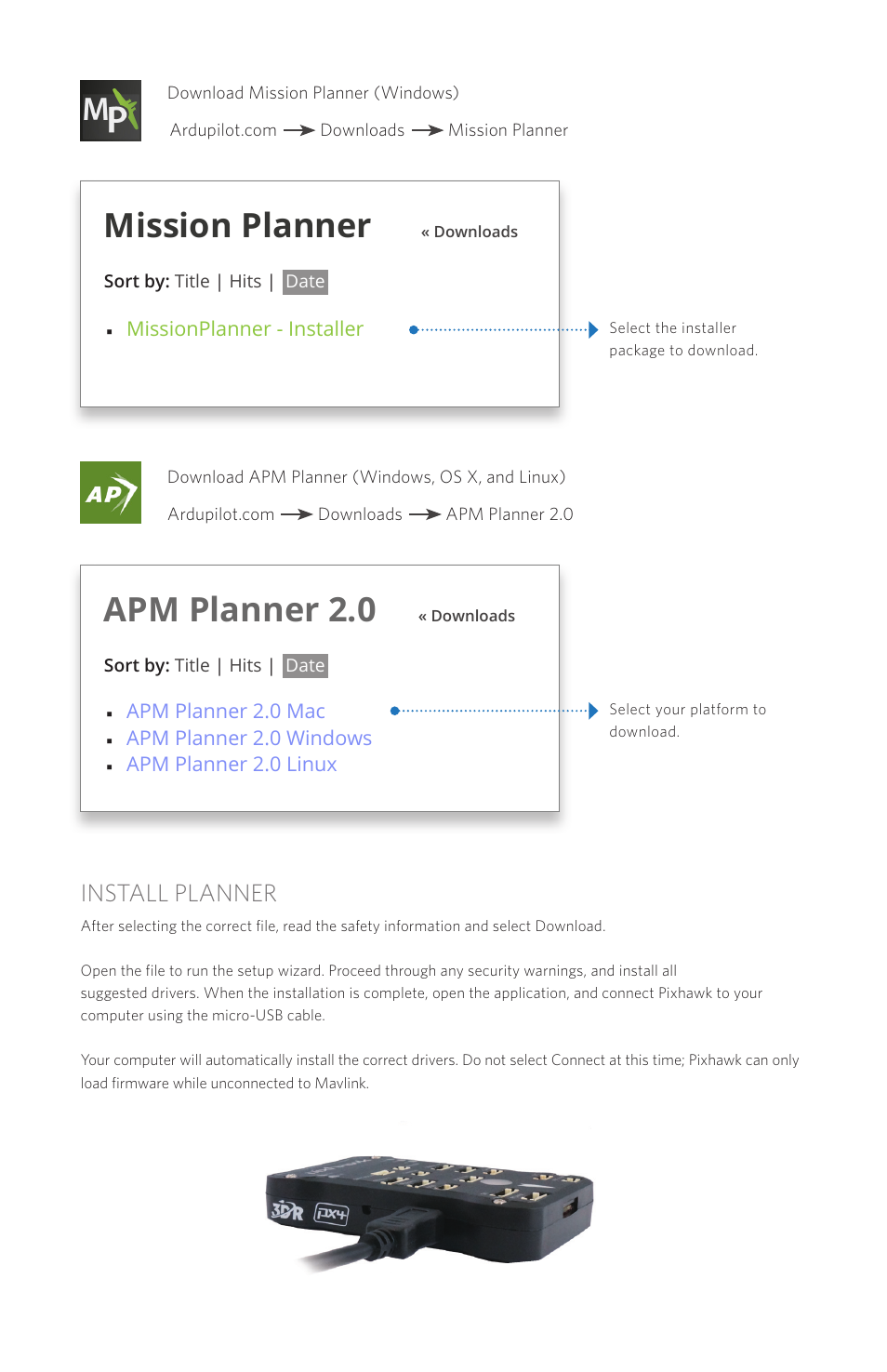 Mission planner, Apm planner 2.0, Install planner | 3D Robotics Pixhawk Autopilot User Manual | Page 6 / 14