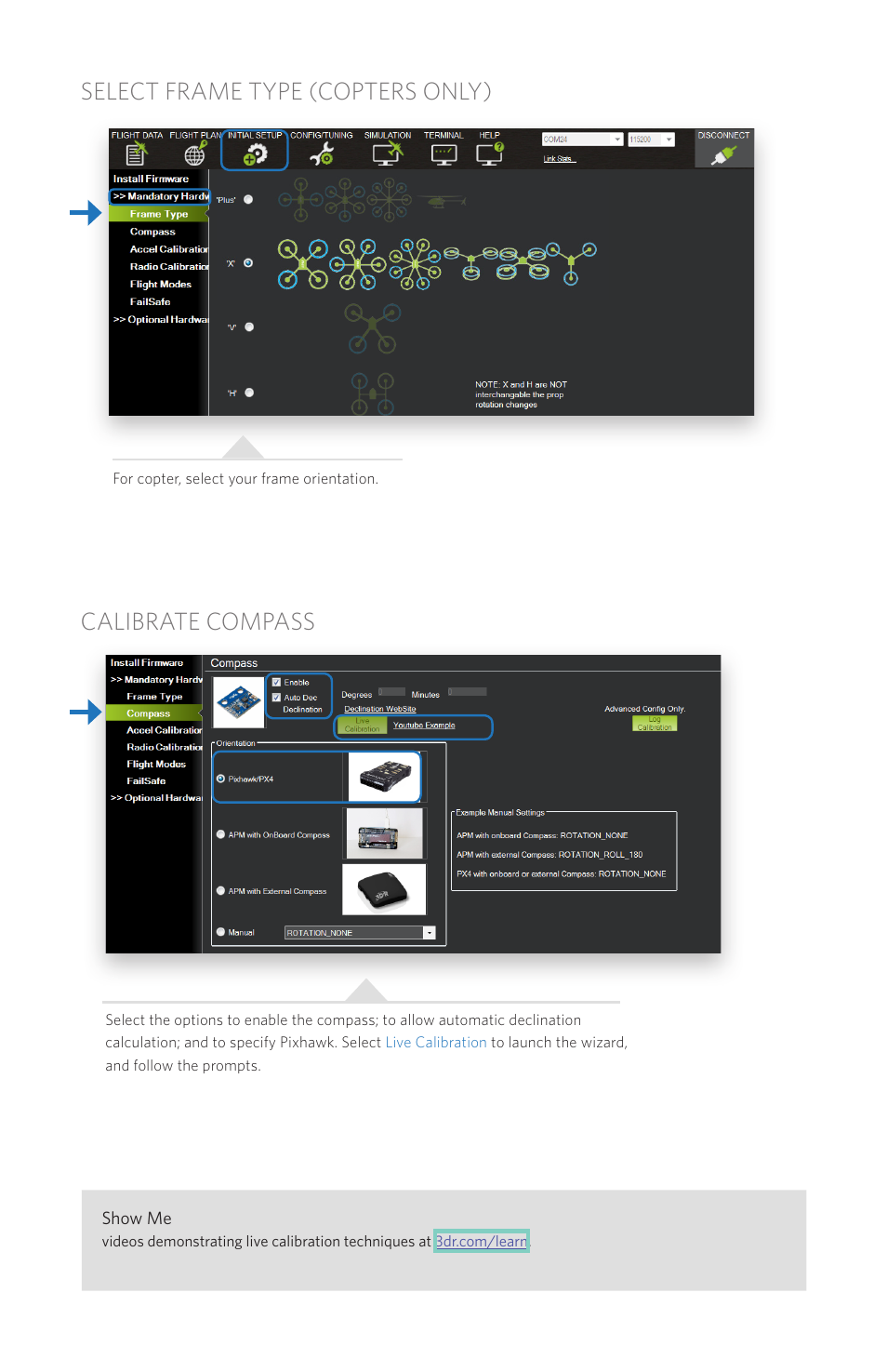 Select frame type (copters only) calibrate compass | 3D Robotics Pixhawk Autopilot User Manual | Page 8 / 14