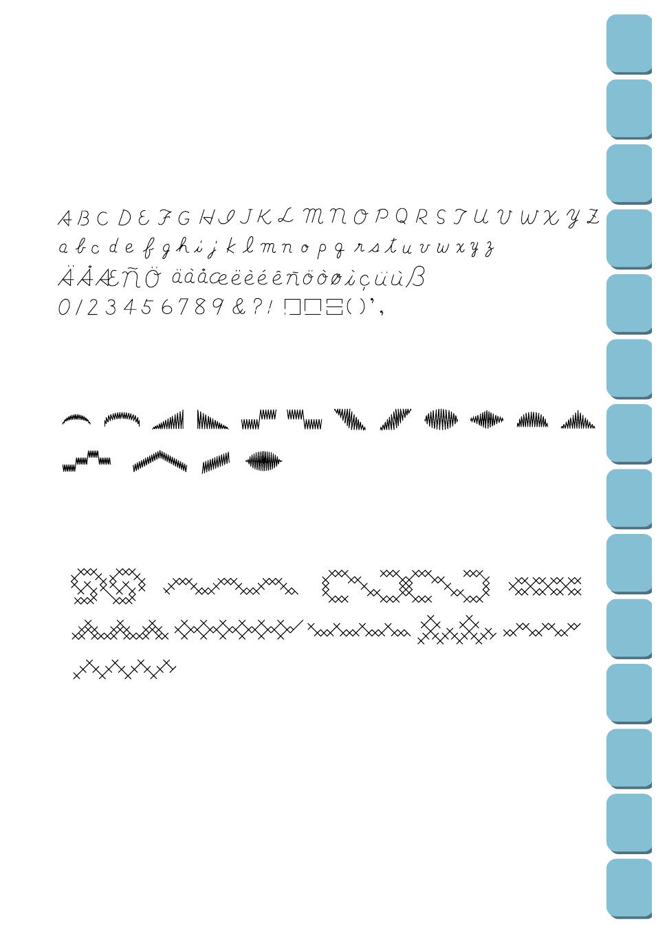 Satin stitches cross stitches, Alphabet (cursive hand writing style) | Brother PC 8500 User Manual | Page 190 / 196