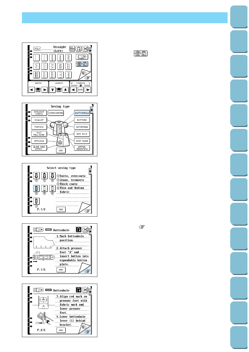 Utility stitch selection, Example) buttonholes | Brother PC 8500 User Manual | Page 43 / 196