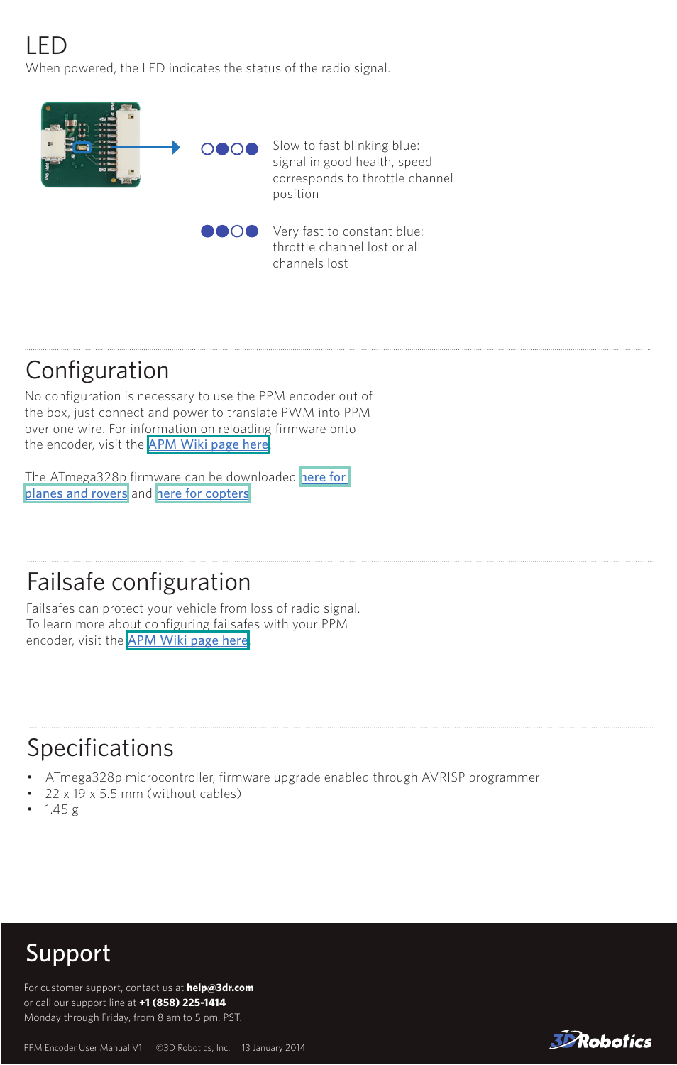 Support specifications, Failsafe configuration, Configuration | 3D Robotics PPM Encoder User Manual | Page 3 / 3