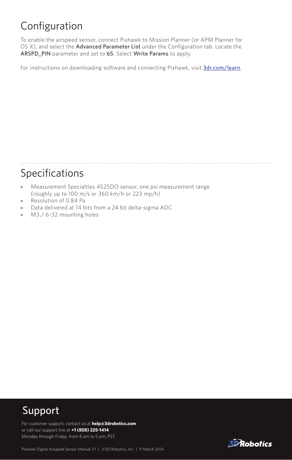 Configuration, Specifications, Support | 3D Robotics Digital Airspeed Sensor User Manual | Page 3 / 3