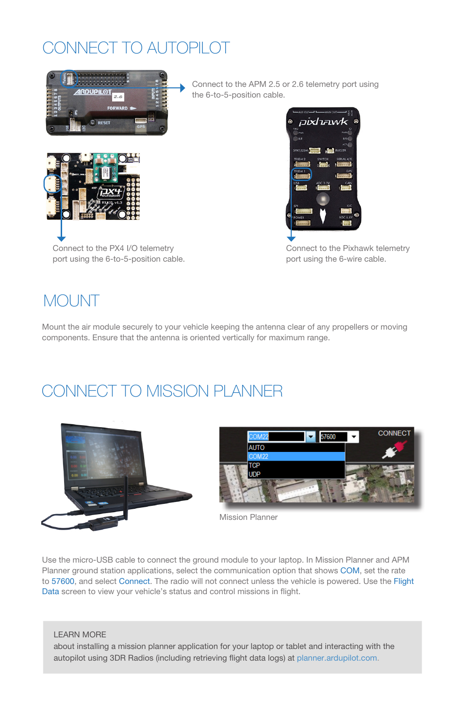 Mount connect to autopilot, Connect to mission planner | 3D Robotics Telemetry Radio User Manual | Page 2 / 4