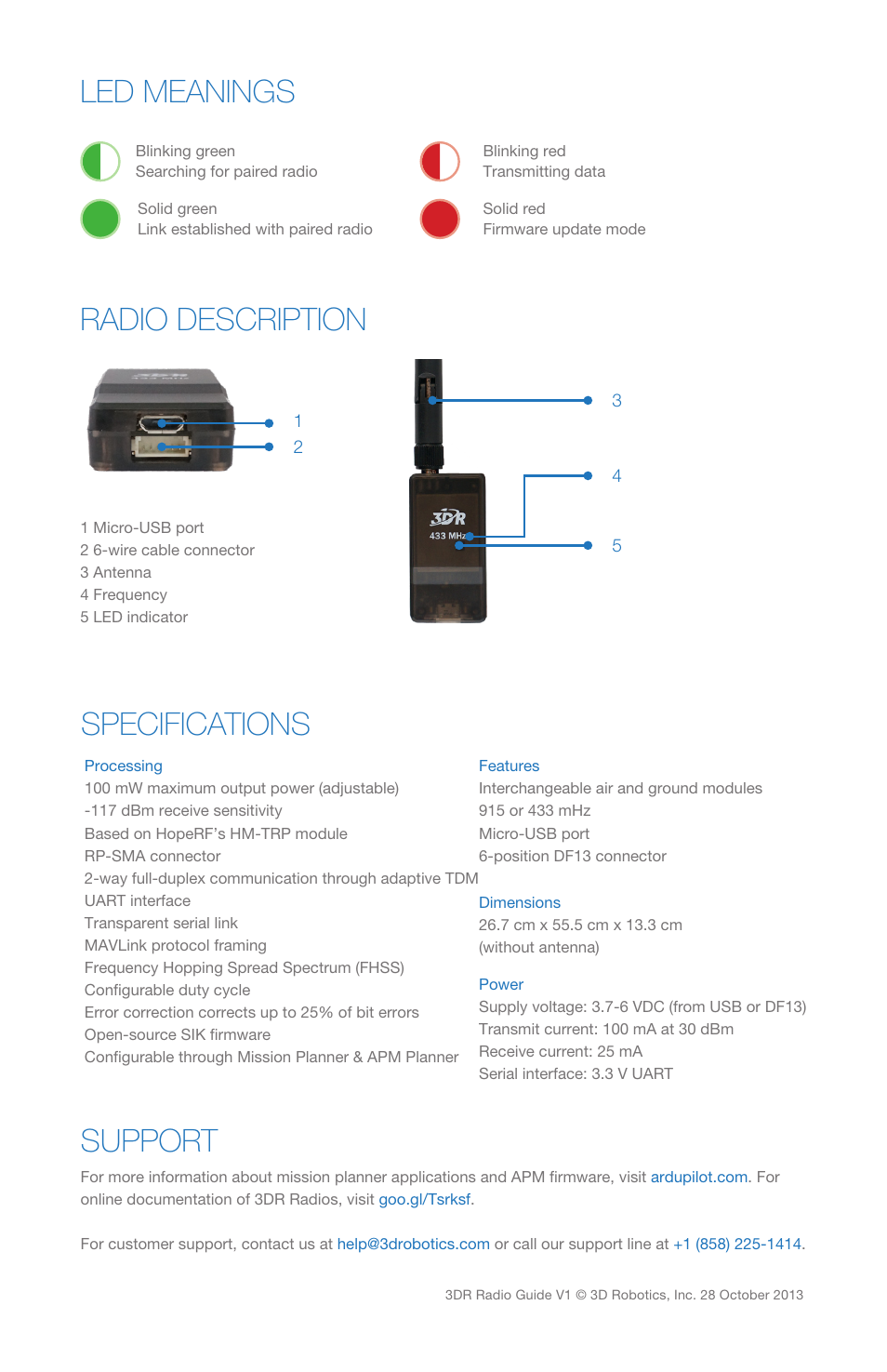 Specifications, Support, Radio description led meanings | 3D Robotics Telemetry Radio User Manual | Page 4 / 4