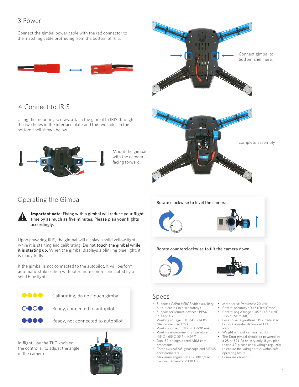 3 power, 4 connect to iris operating the gimbal, Specs | 3D Robotics GoPro HERO3 stabilization system User Manual | Page 2 / 4