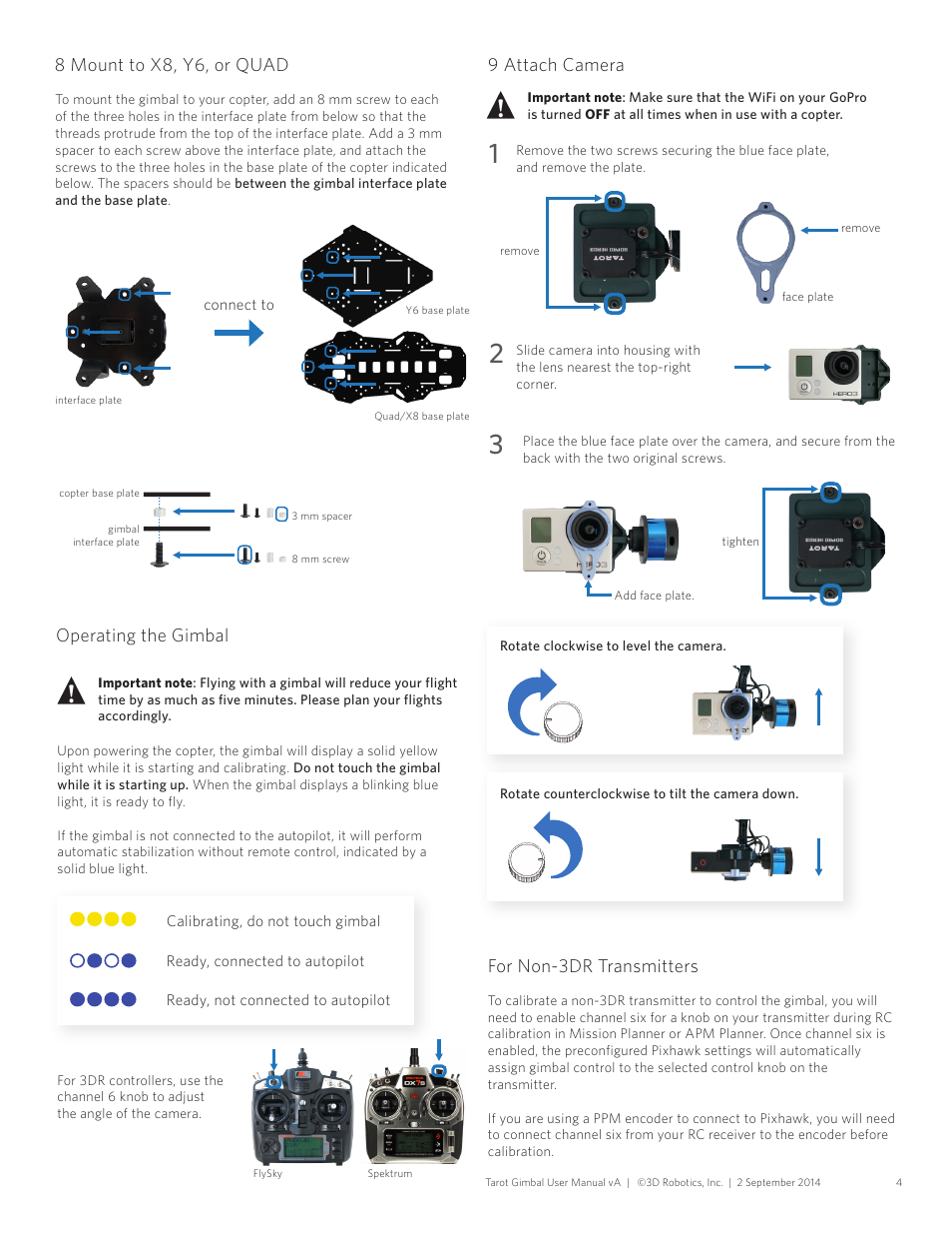 For non-3dr transmitters, 8 mount to x8, y6, or quad, Operating the gimbal | 9 attach camera | 3D Robotics GoPro HERO3 stabilization system User Manual | Page 4 / 4