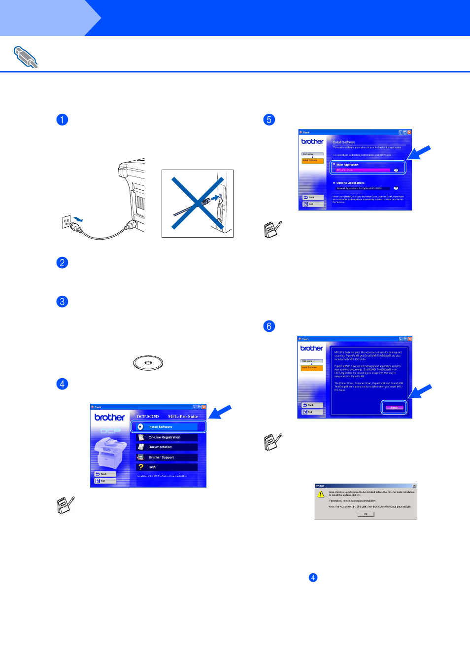 For usb interface cable users (for windows, 98/98se/me/2000 professional/xp), Step 2 | Installing the driver & software | Brother DCP-8025D User Manual | Page 11 / 54