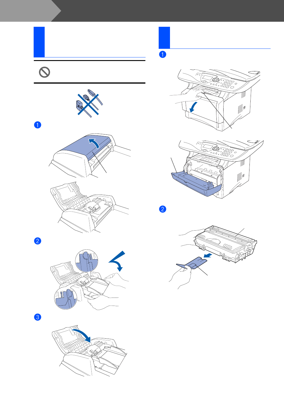 Step1 setting up the machine, 2 install the drum unit assembly, Setting up the machine | Install the automatic document feed (adf) support, Install the drum unit assembly, Step 1, 1install the automatic document feed (adf) support, 2install the drum unit assembly | Brother DCP-8025D User Manual | Page 5 / 54