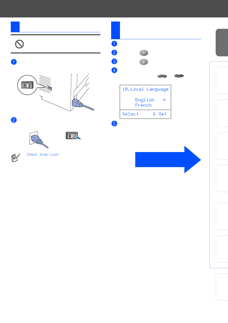 5 install power cord, 6 selecting your language (canada only), Install power cord | Selecting your language (canada only), 5install power cord, 6selecting your language (canada only) | Brother DCP-8025D User Manual | Page 8 / 54
