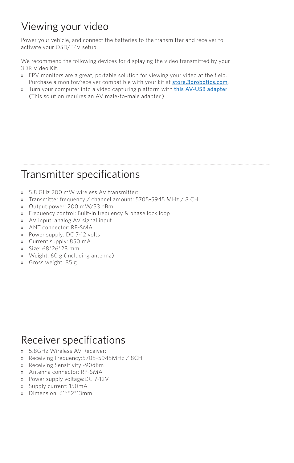 Viewing your video, Transmitter specifications, Receiver specifications | 3D Robotics Video/OSD Kit User Manual | Page 7 / 8