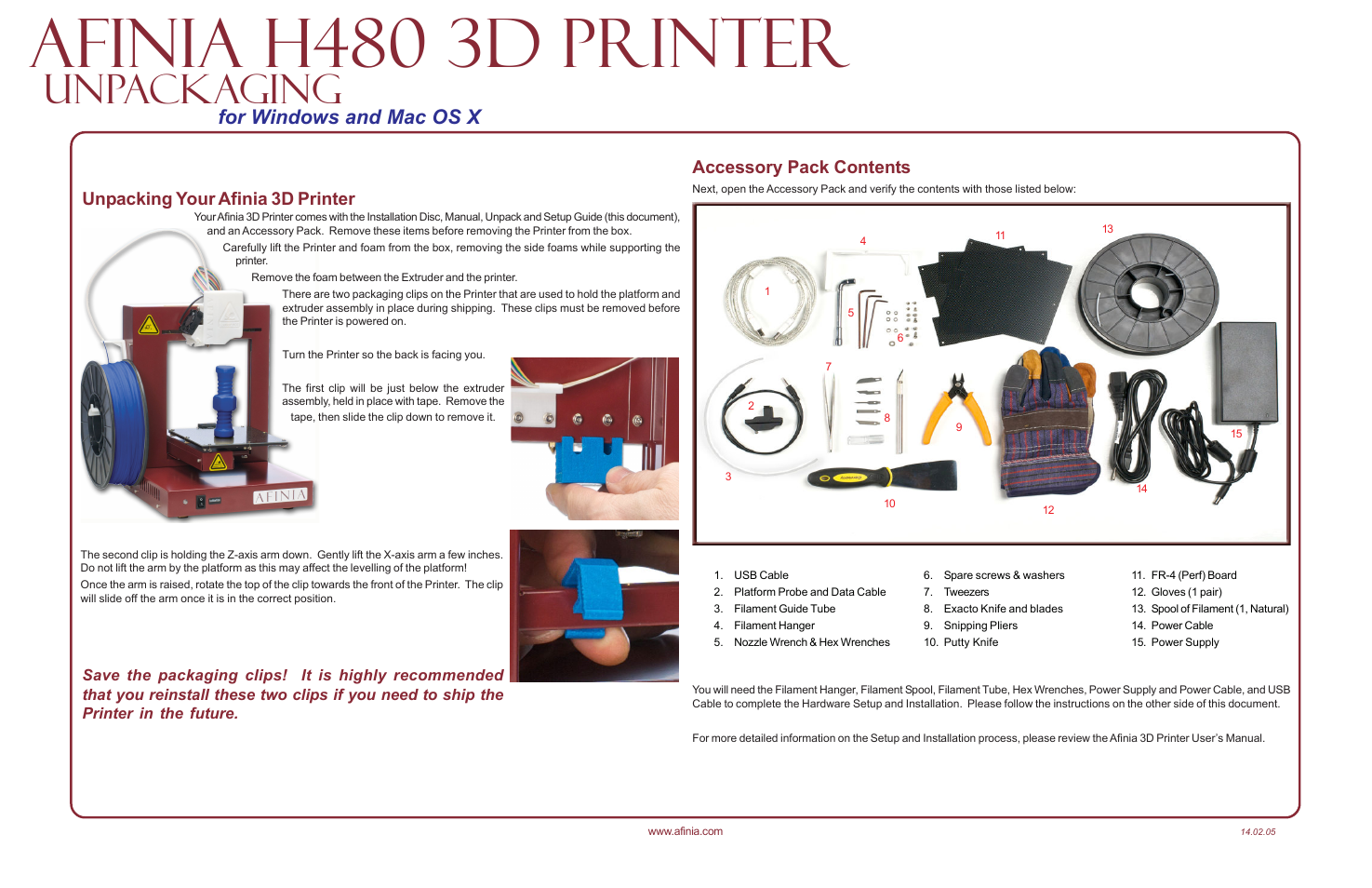 Afinia H480 3D Quick Start Guide User Manual | 2 pages
