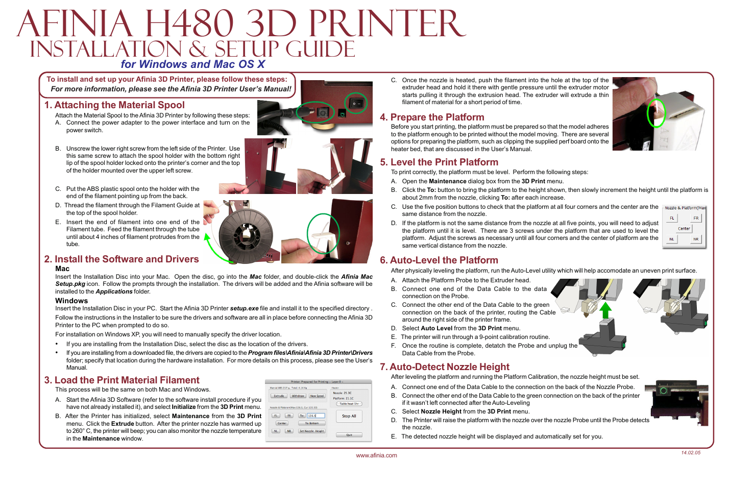Afinia h480 3d printer, Installation & setup guide, For windows and mac os x | Prepare the platform, Level the print platform, Auto-level the platform, Auto-detect nozzle height, Attaching the material spool, Install the software and drivers, Load the print material filament | Afinia H480 3D Quick Start Guide User Manual | Page 2 / 2
