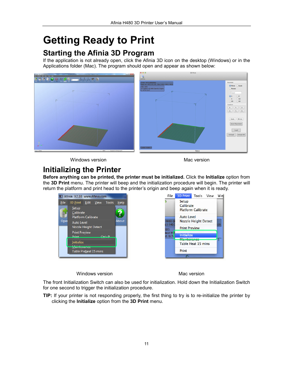 Getting ready to print, Starting the afinia 3d program, Initializing the printer | Afinia H480 3D Users Manual User Manual | Page 11 / 43