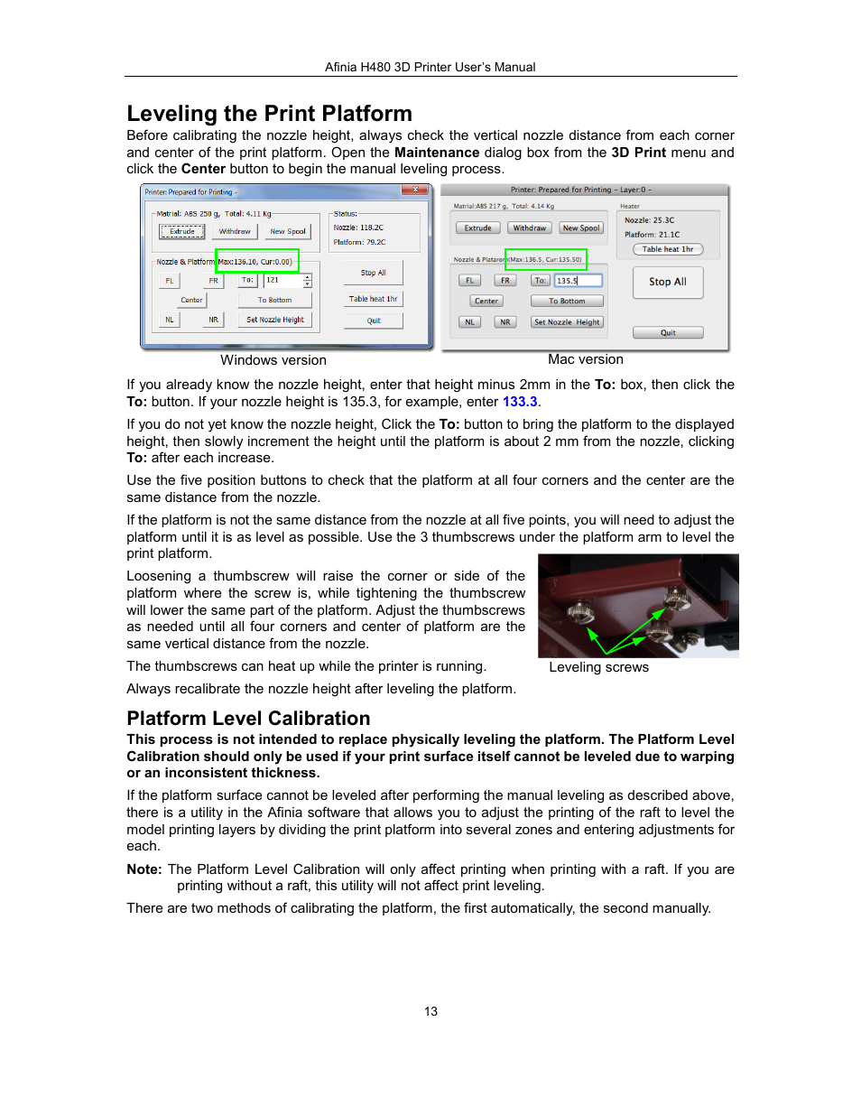 Leveling the print platform, Platform level calibration | Afinia H480 3D Users Manual User Manual | Page 13 / 43