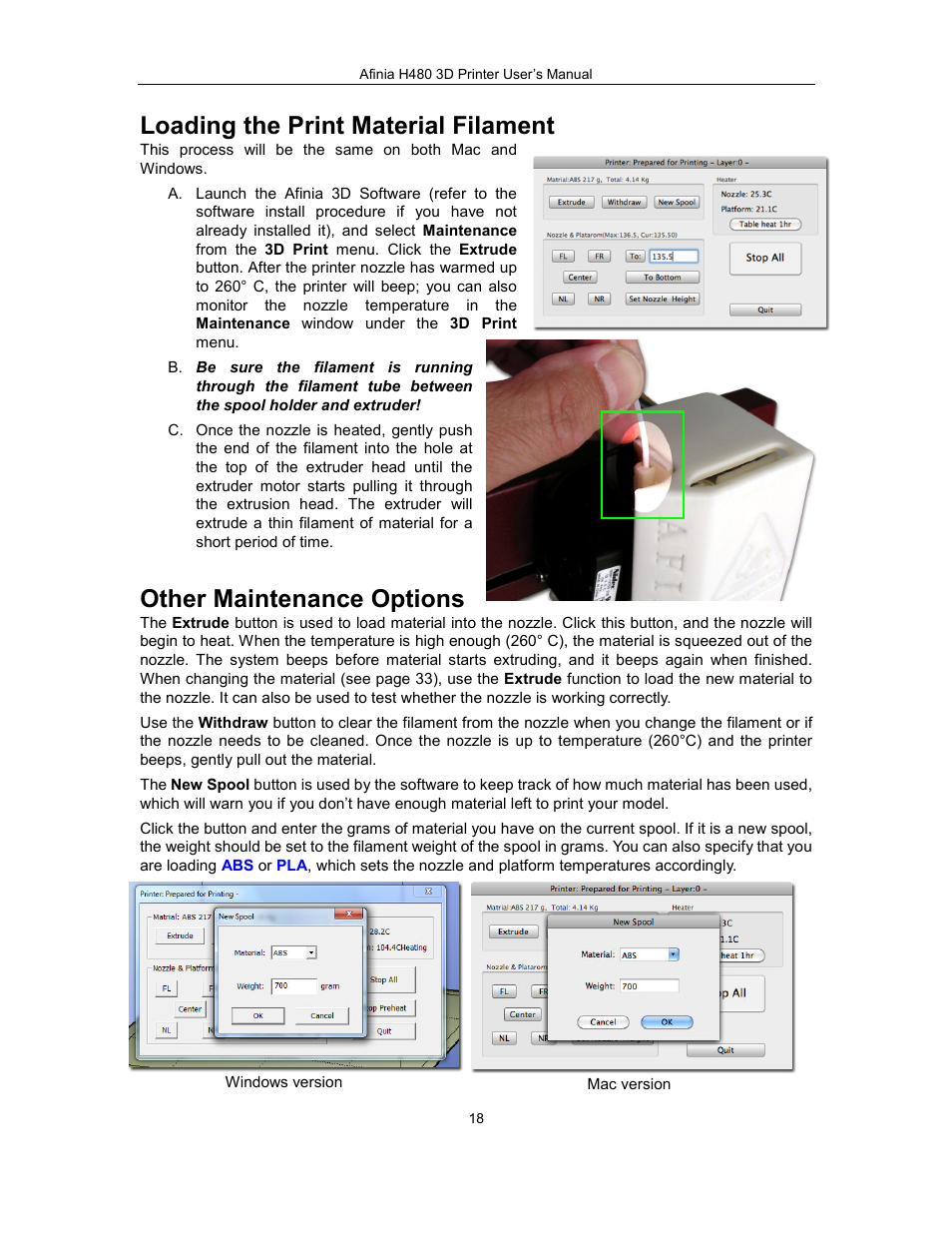 Loading the print material filament, Other maintenance options | Afinia H480 3D Users Manual User Manual | Page 18 / 43