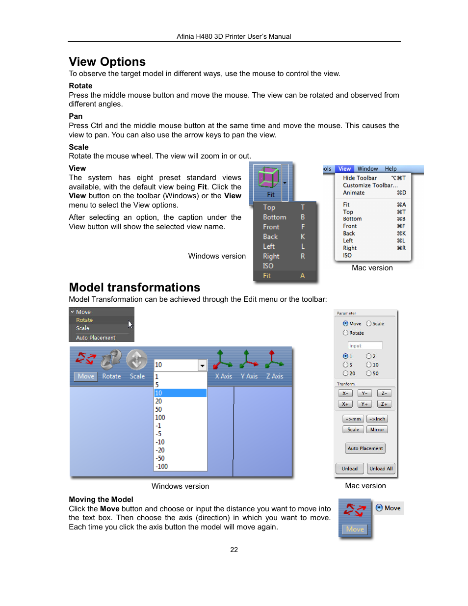 View options, Model transformations | Afinia H480 3D Users Manual User Manual | Page 22 / 43