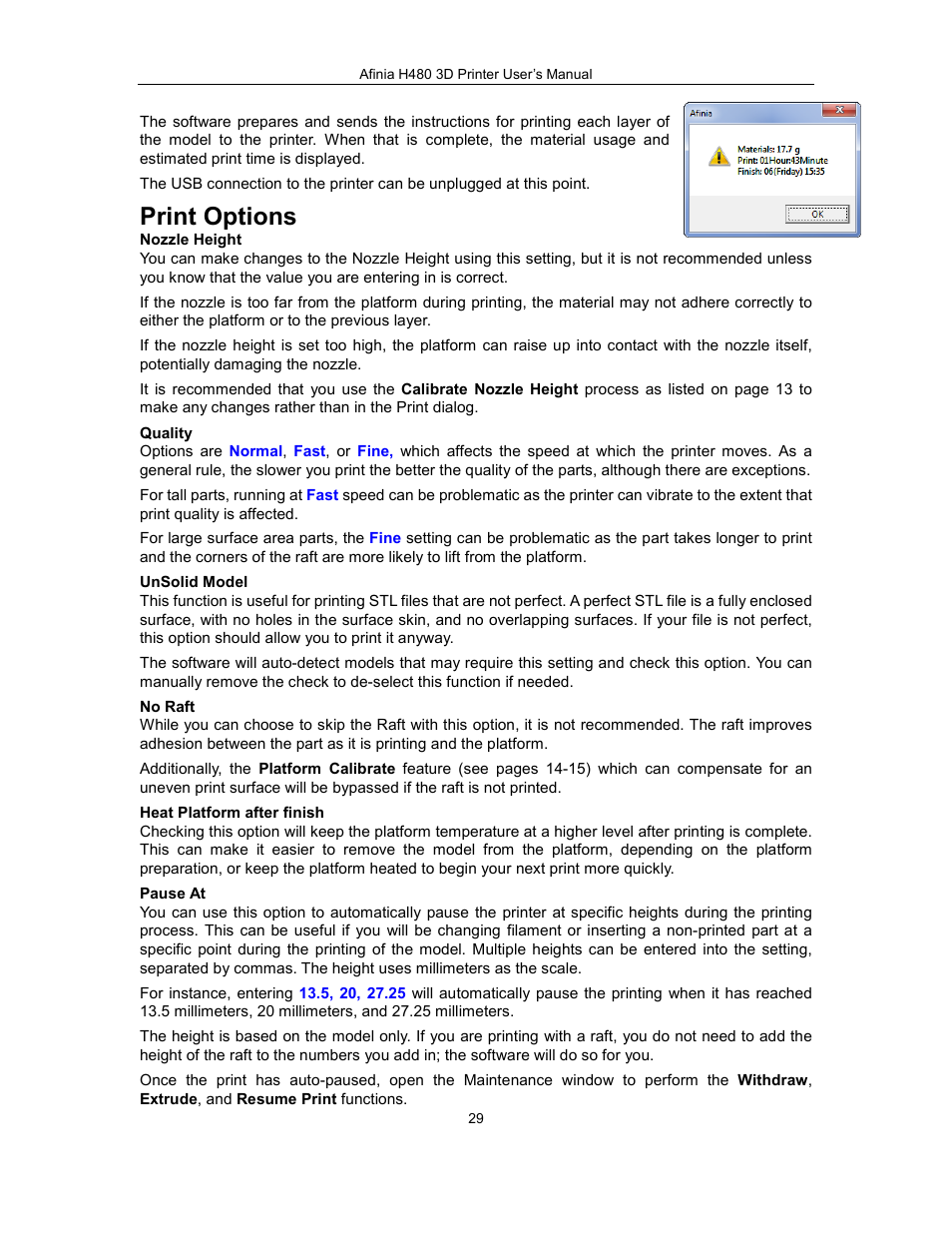 Print options | Afinia H480 3D Users Manual User Manual | Page 29 / 43
