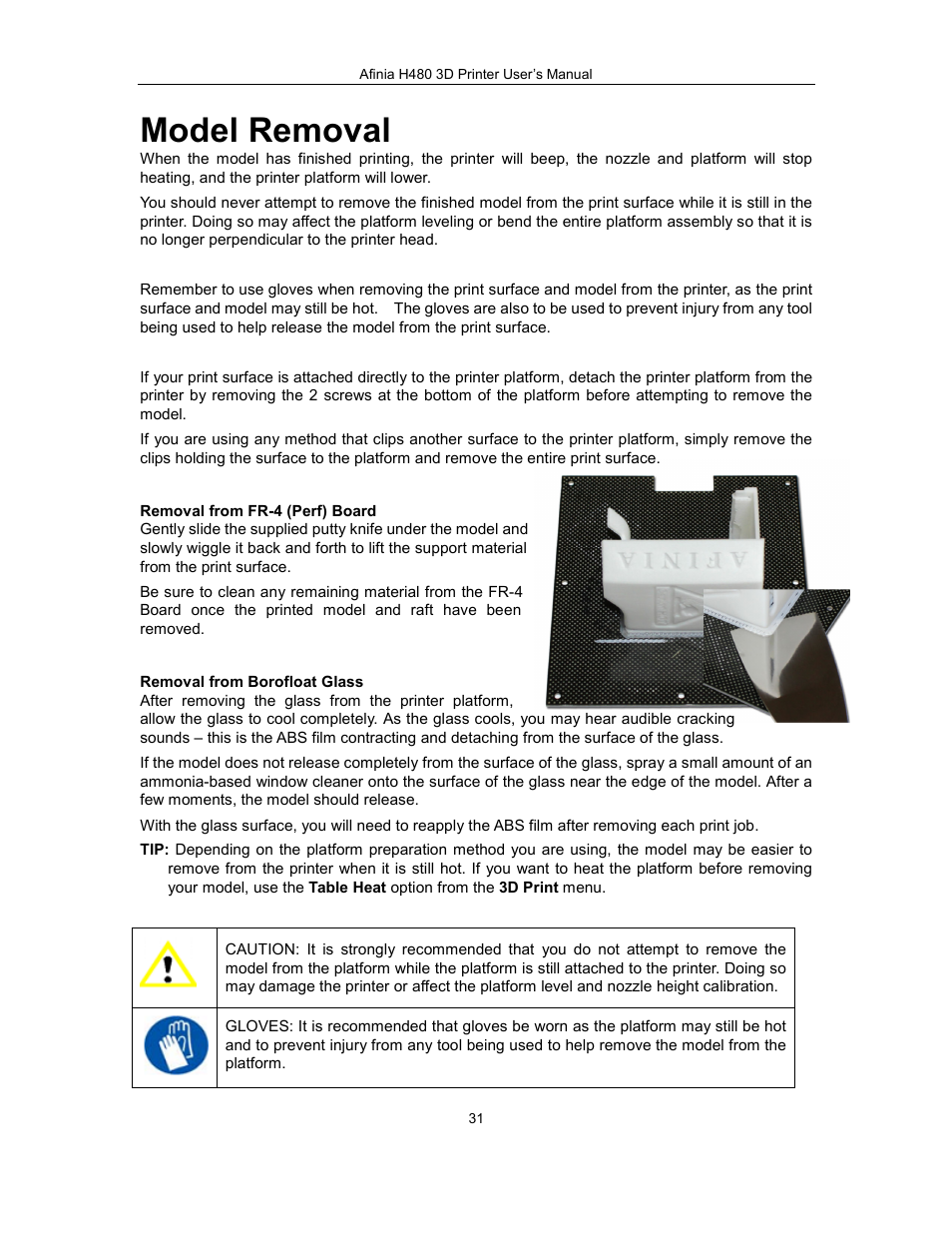 Model removal | Afinia H480 3D Users Manual User Manual | Page 31 / 43