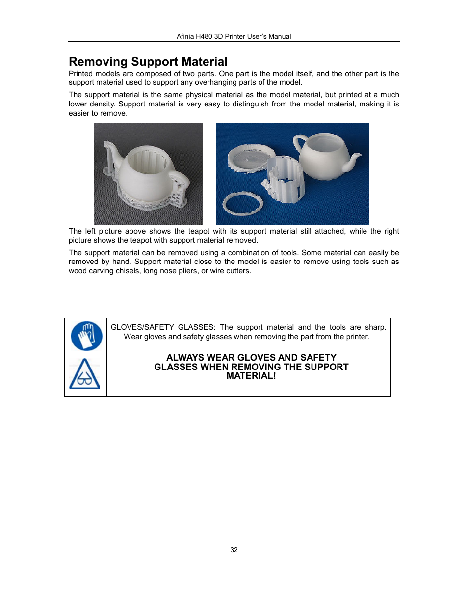 Removing support material | Afinia H480 3D Users Manual User Manual | Page 32 / 43