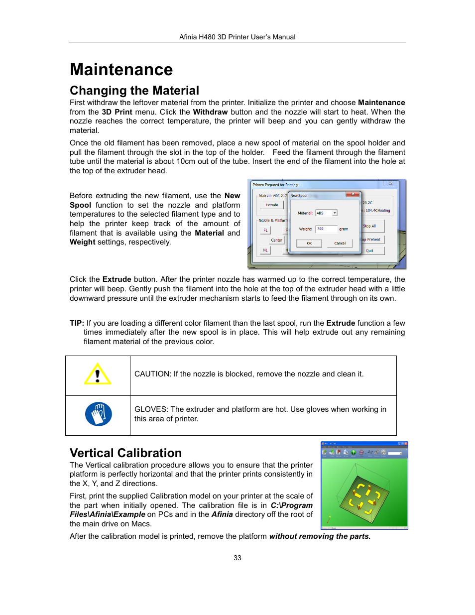 Maintenance, Changing the material, Vertical calibration | Afinia H480 3D Users Manual User Manual | Page 33 / 43