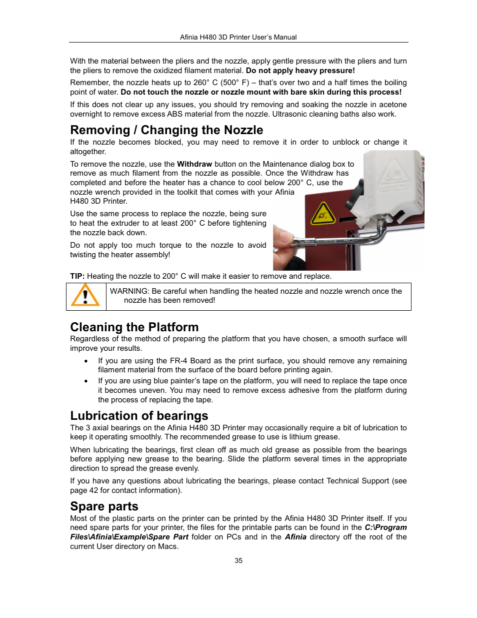 Removing / changing the nozzle, Cleaning the platform, Lubrication of bearings | Spare parts | Afinia H480 3D Users Manual User Manual | Page 35 / 43