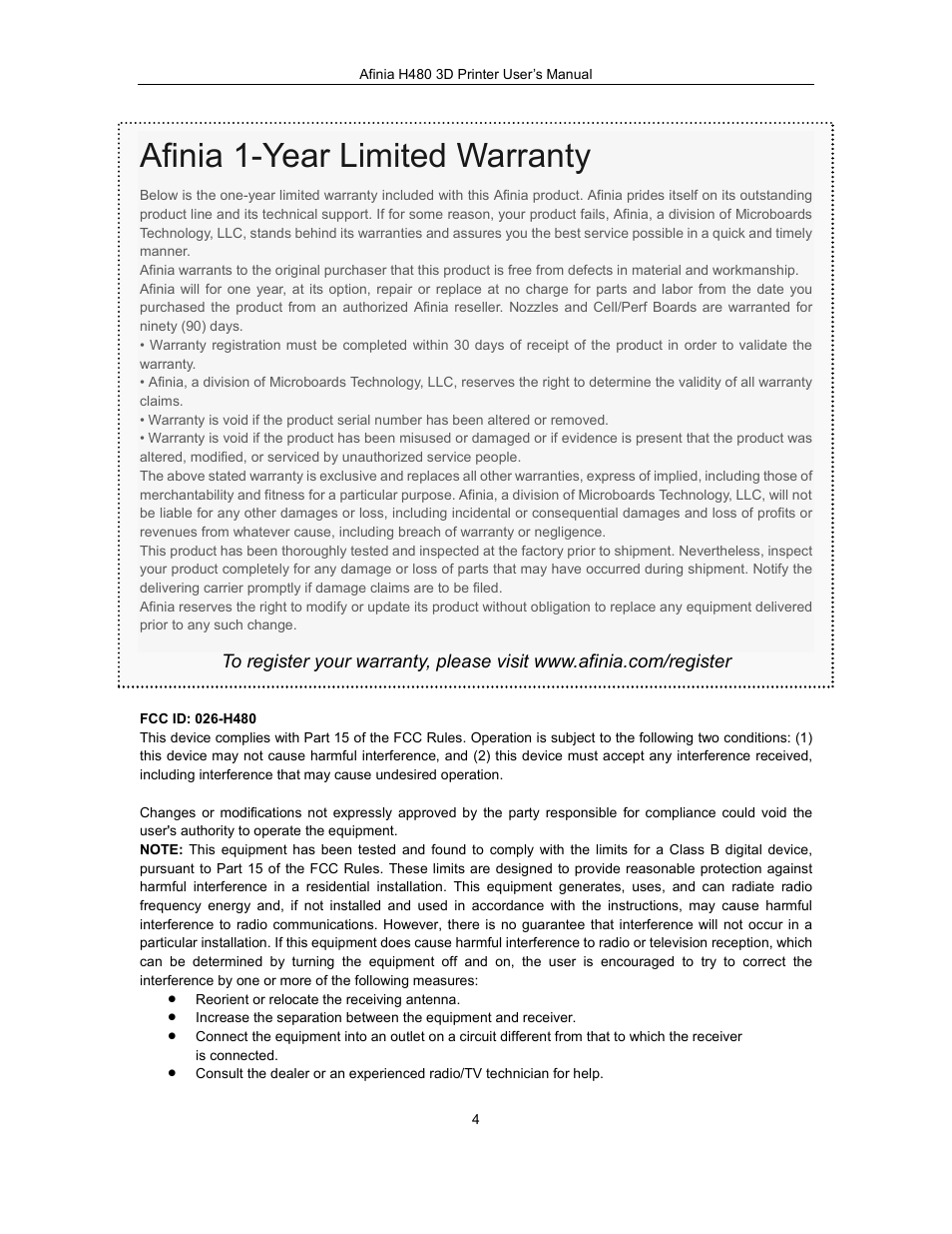 Afinia 1-year limited warranty | Afinia H480 3D Users Manual User Manual | Page 4 / 43