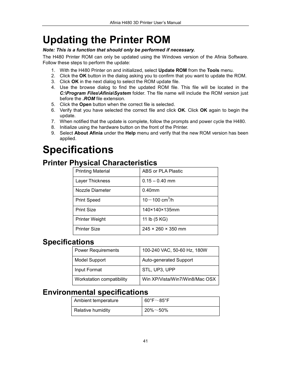Updating the printer rom, Specifications, Printer physical characteristics | Environmental specifications | Afinia H480 3D Users Manual User Manual | Page 41 / 43