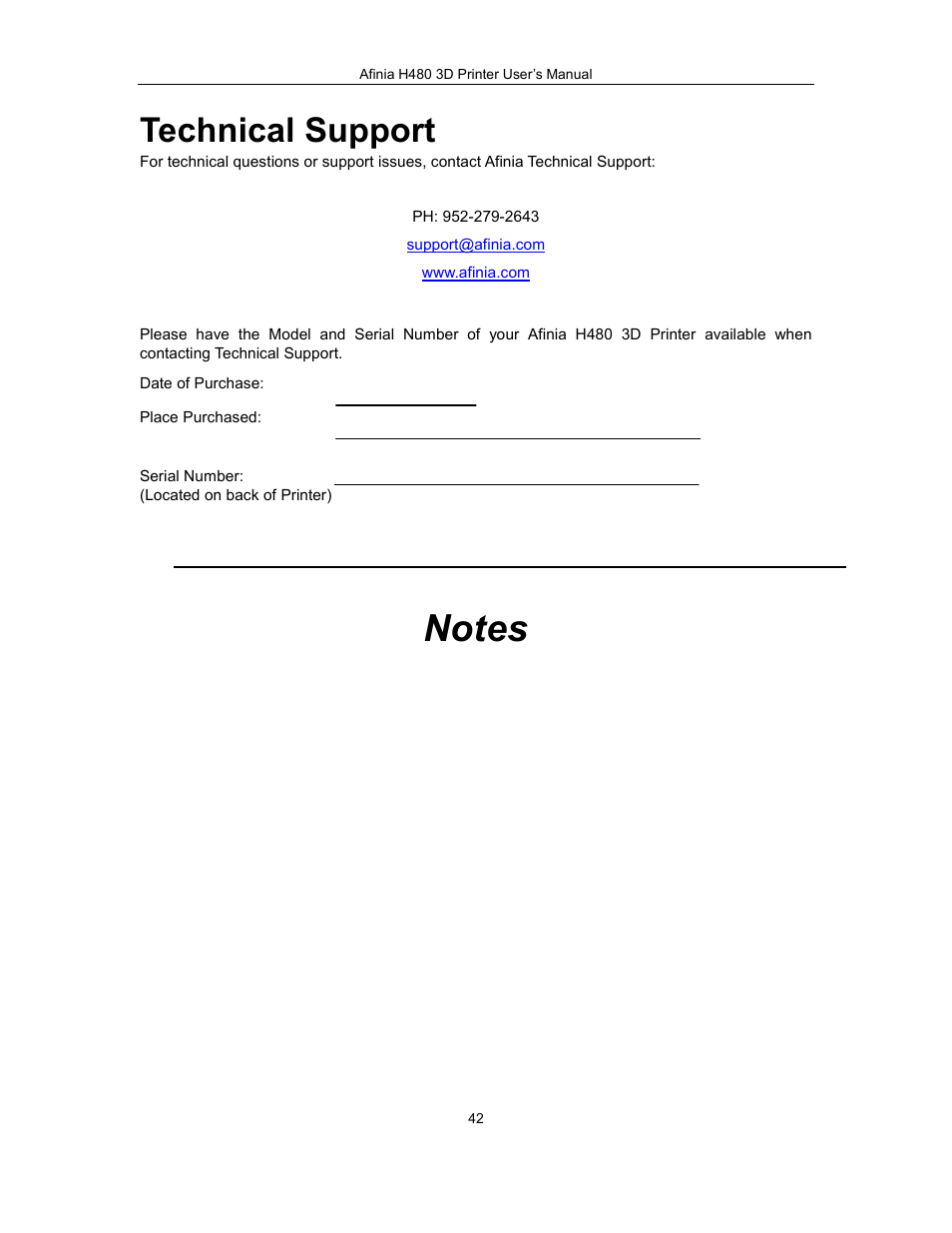 Technical support | Afinia H480 3D Users Manual User Manual | Page 42 / 43