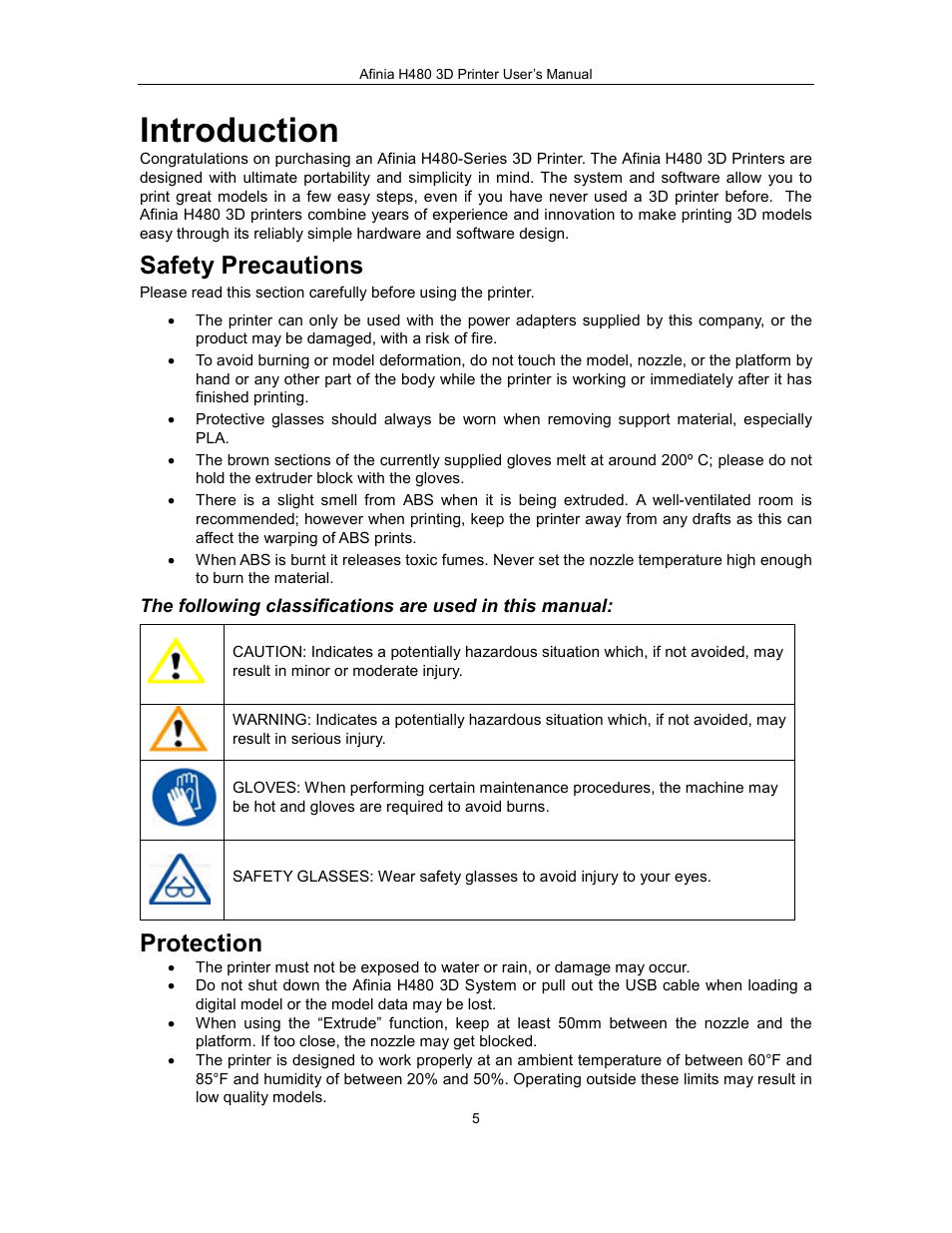 Introduction, Safety precautions, Protection | Afinia H480 3D Users Manual User Manual | Page 5 / 43