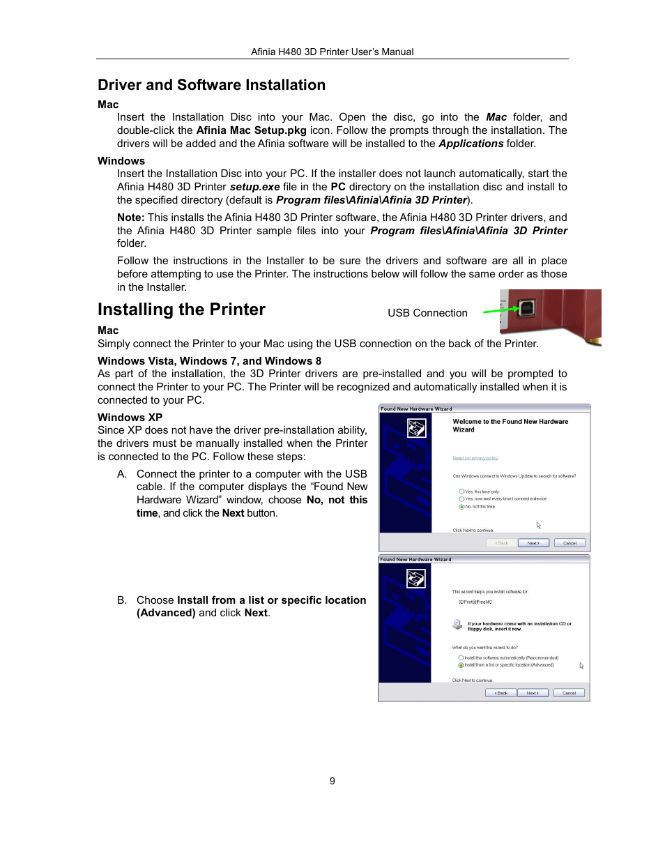 Installing the printer, Driver and software installation | Afinia H480 3D Users Manual User Manual | Page 9 / 43
