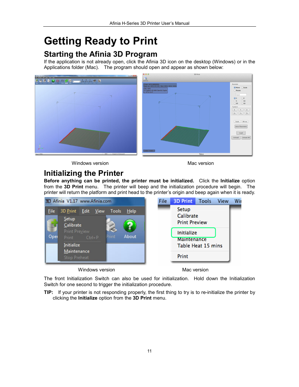 Getting ready to print, Starting the afinia 3d program, Initializing the printer | Afinia H479 3D User Manual | Page 11 / 43