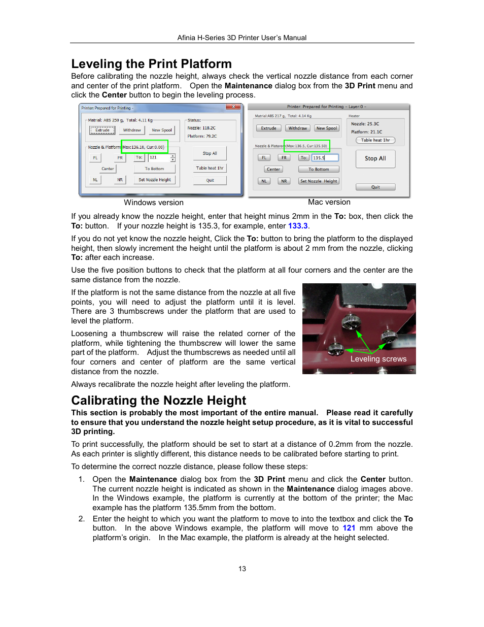 Leveling the print platform, Calibrating the nozzle height | Afinia H479 3D User Manual | Page 13 / 43