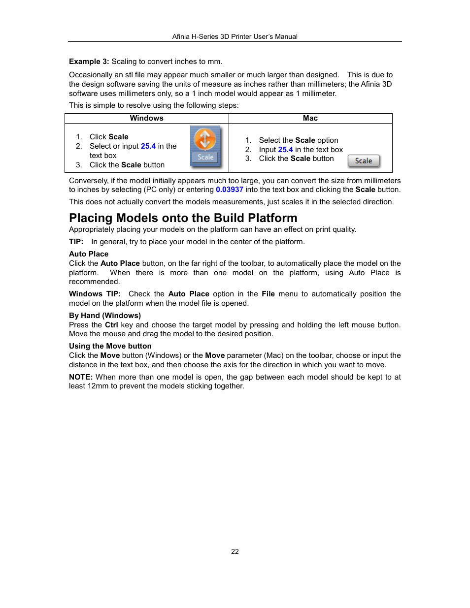Placing models onto the build platform | Afinia H479 3D User Manual | Page 22 / 43