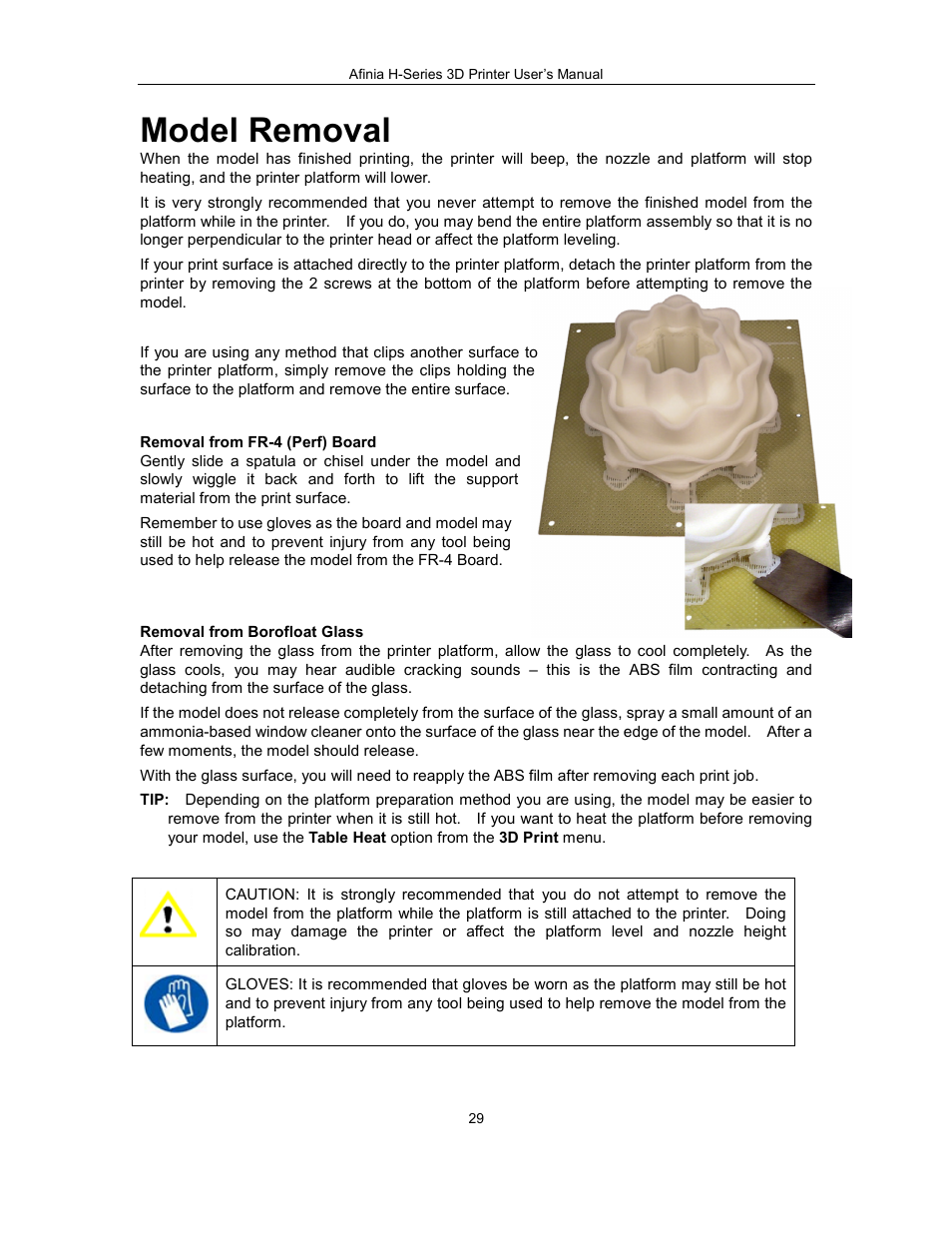 Model removal | Afinia H479 3D User Manual | Page 29 / 43