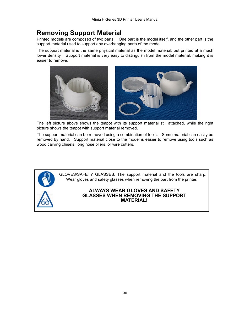 Removing support material | Afinia H479 3D User Manual | Page 30 / 43