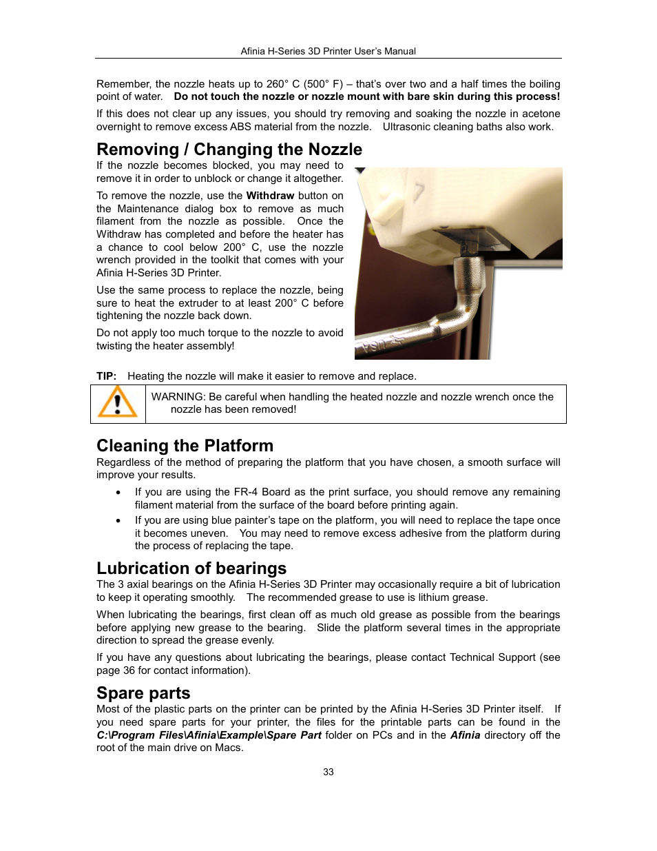 Removing / changing the nozzle, Cleaning the platform, Lubrication of bearings | Spare parts | Afinia H479 3D User Manual | Page 33 / 43