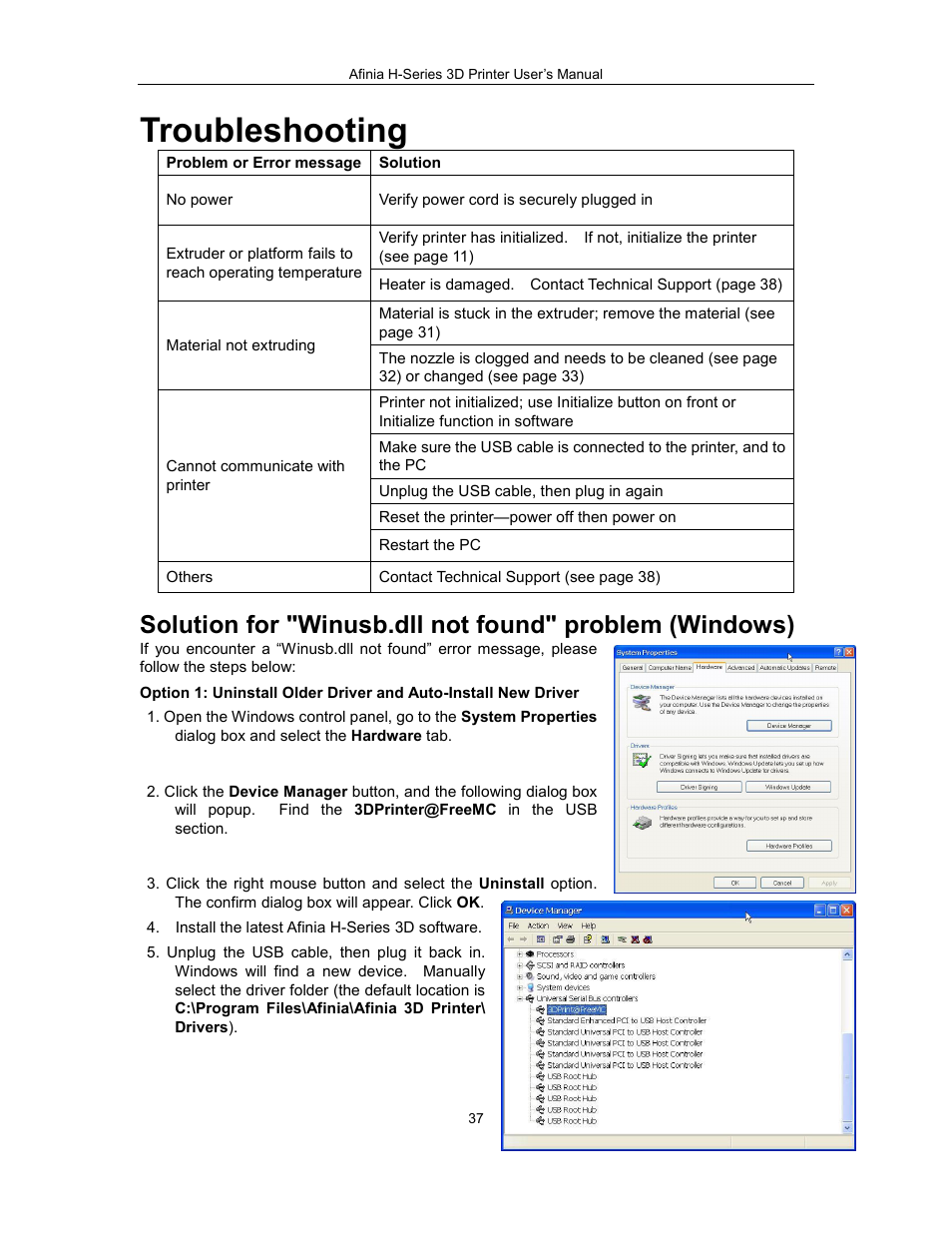 Troubleshooting | Afinia H479 3D User Manual | Page 37 / 43