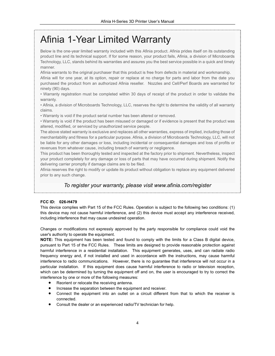 Afinia 1-year limited warranty | Afinia H479 3D User Manual | Page 4 / 43