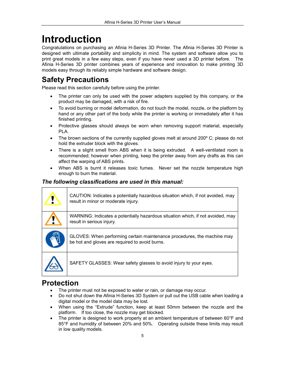 Introduction, Safety precautions, Protection | Afinia H479 3D User Manual | Page 5 / 43