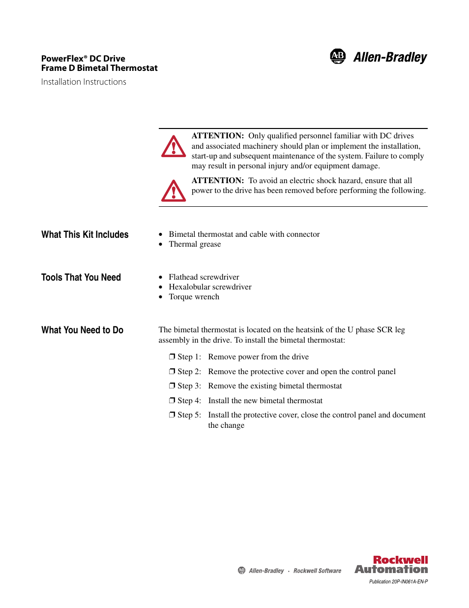 Rockwell Automation 20P PowerFlex DC Drive - Frame D Bimetal Thermostat User Manual | 10 pages