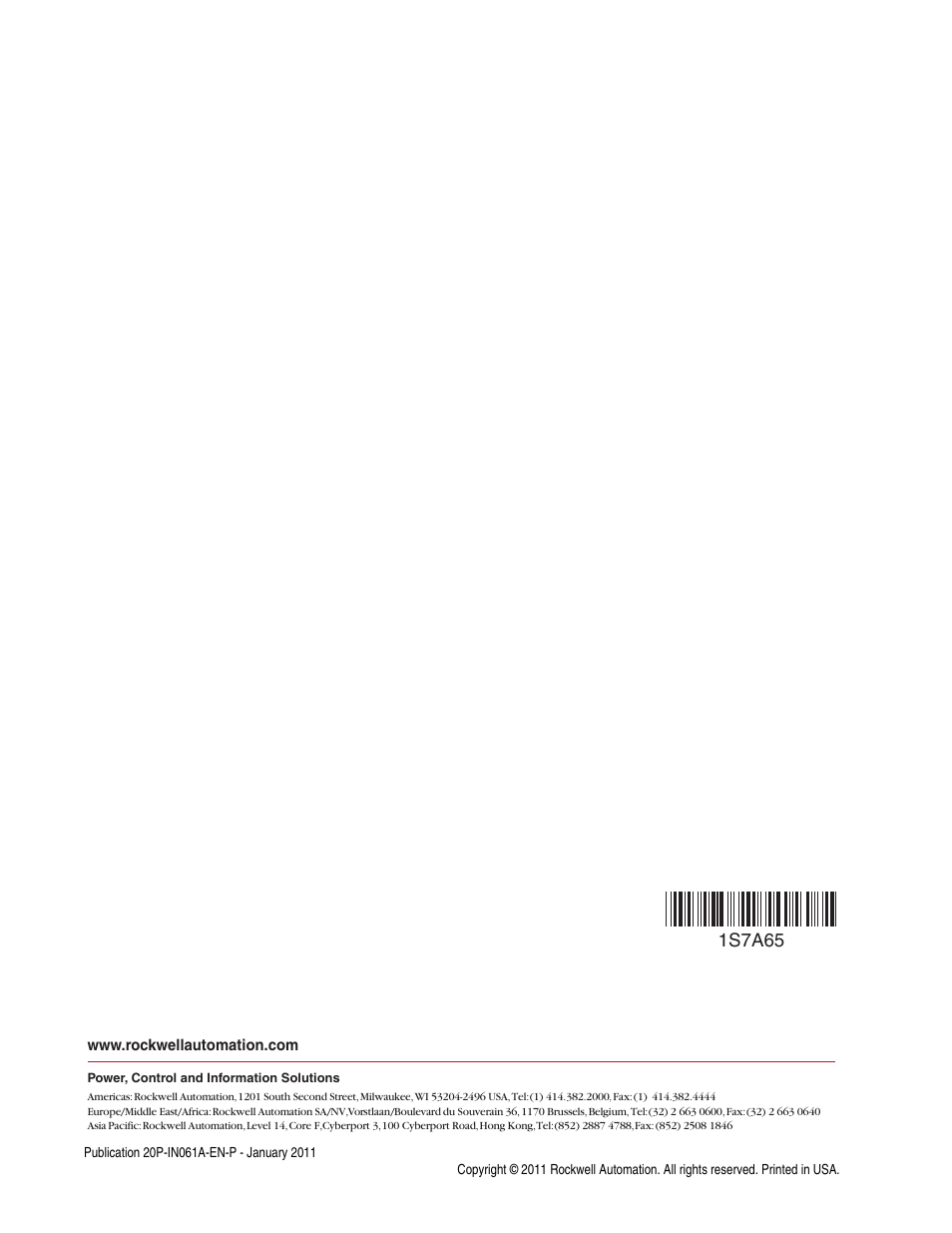 Publication 20p-in061a-en-p, 1s7a65 | Rockwell Automation 20P PowerFlex DC Drive - Frame D Bimetal Thermostat User Manual | Page 10 / 10