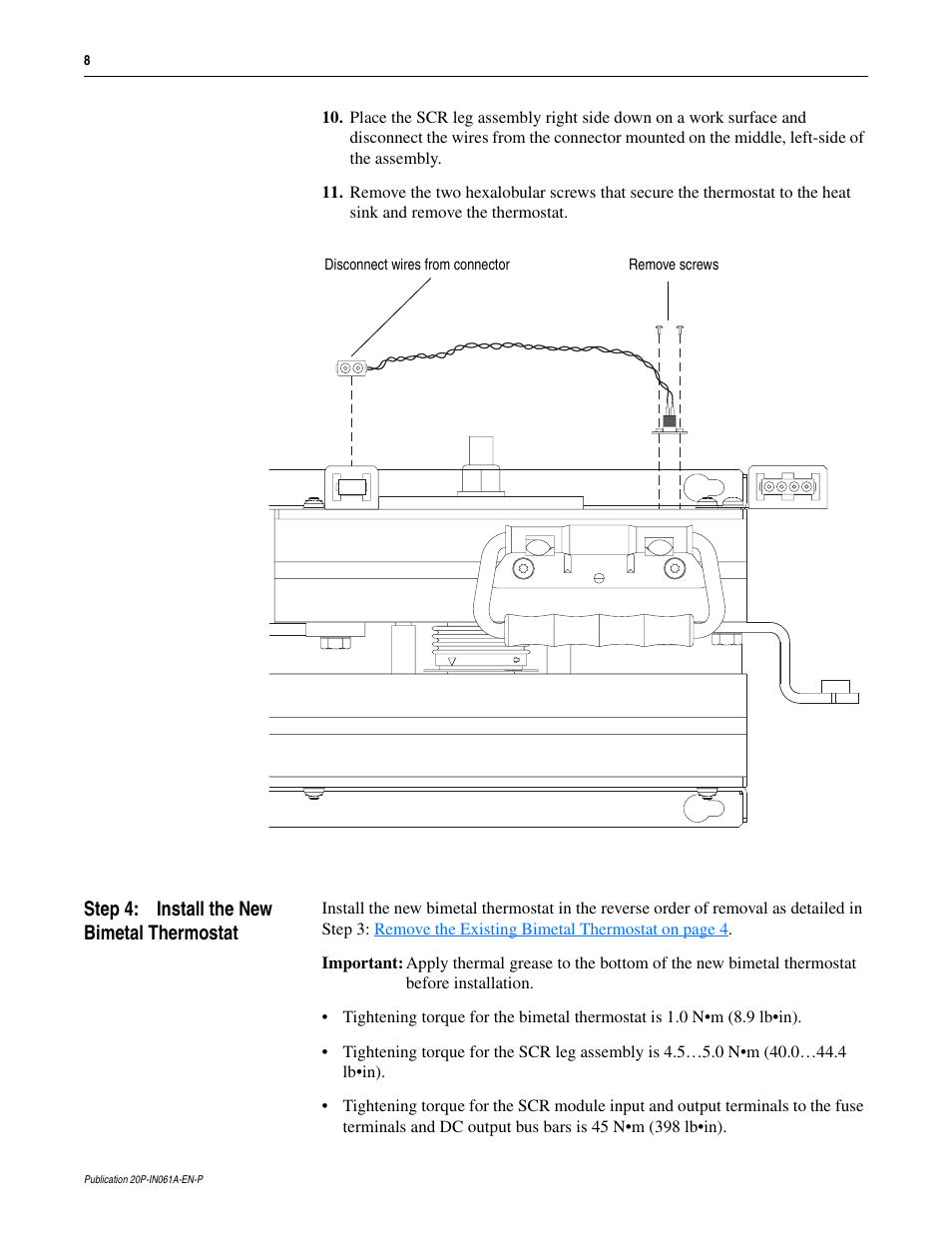 Step 4: install the new bimetal thermostat | Rockwell Automation 20P PowerFlex DC Drive - Frame D Bimetal Thermostat User Manual | Page 8 / 10
