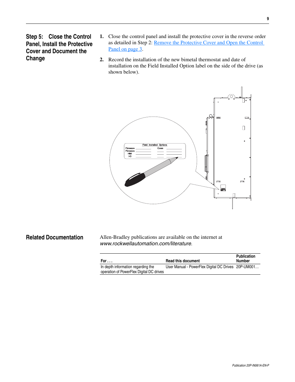 Related documentation | Rockwell Automation 20P PowerFlex DC Drive - Frame D Bimetal Thermostat User Manual | Page 9 / 10