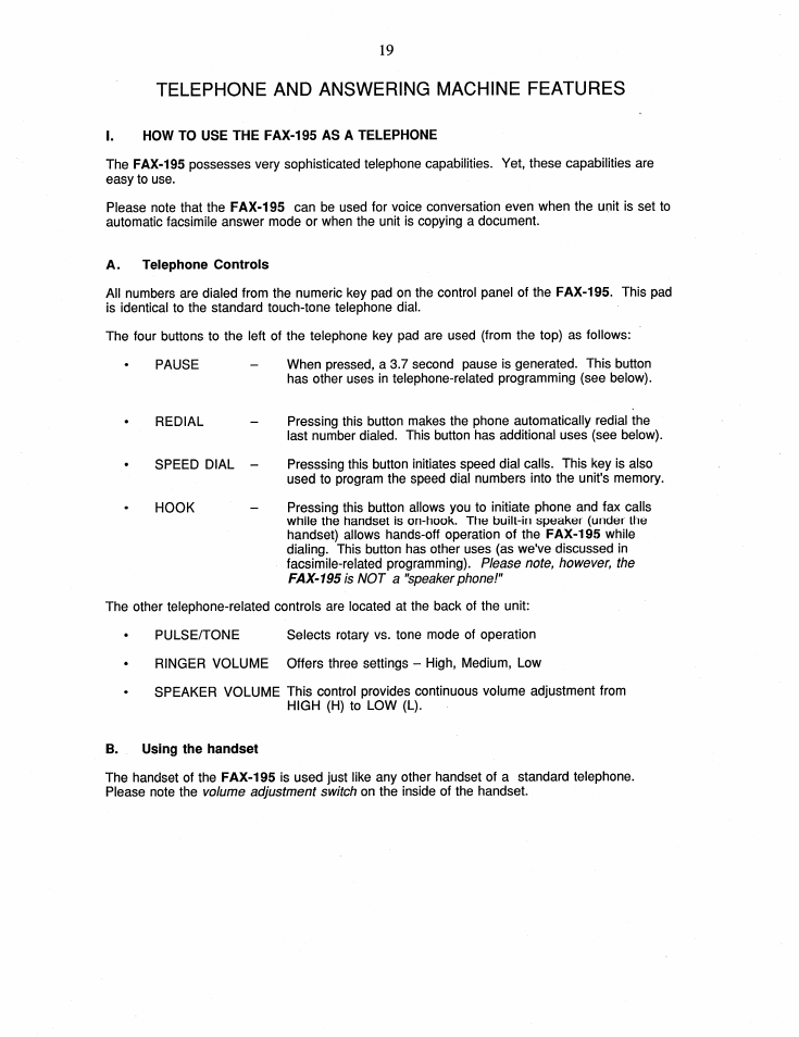 Telephone and answering machine features, I. how to use the fax-195 as a telephone, A. telephone controls | B. using the handset | Brother FAX-195 User Manual | Page 25 / 40