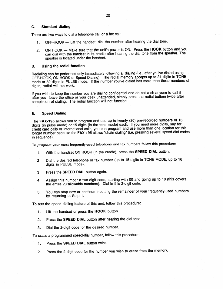 C. standard dialing, D. using the redial function, E. speed dialing | Brother FAX-195 User Manual | Page 26 / 40