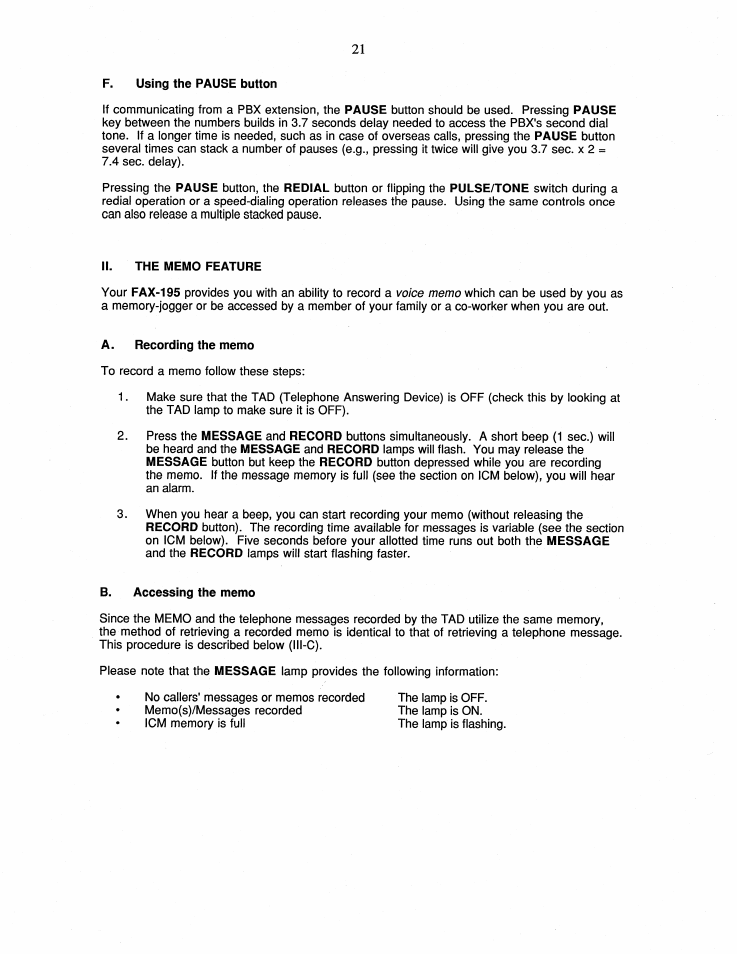 F. using the pause button, Ii. the memo feature, A. recording the memo | B. accessing the memo | Brother FAX-195 User Manual | Page 27 / 40