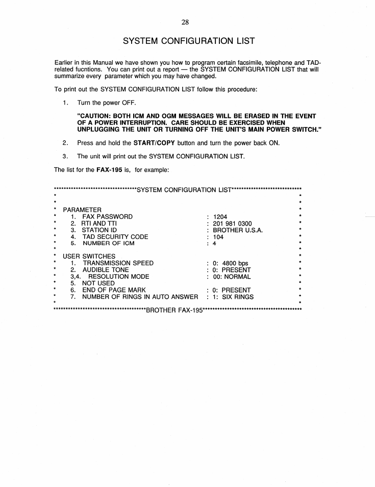 System configuration list | Brother FAX-195 User Manual | Page 34 / 40