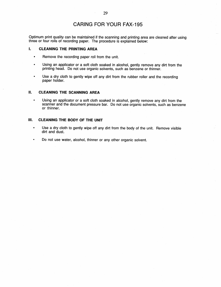 Caring for your fax-195 | Brother FAX-195 User Manual | Page 35 / 40