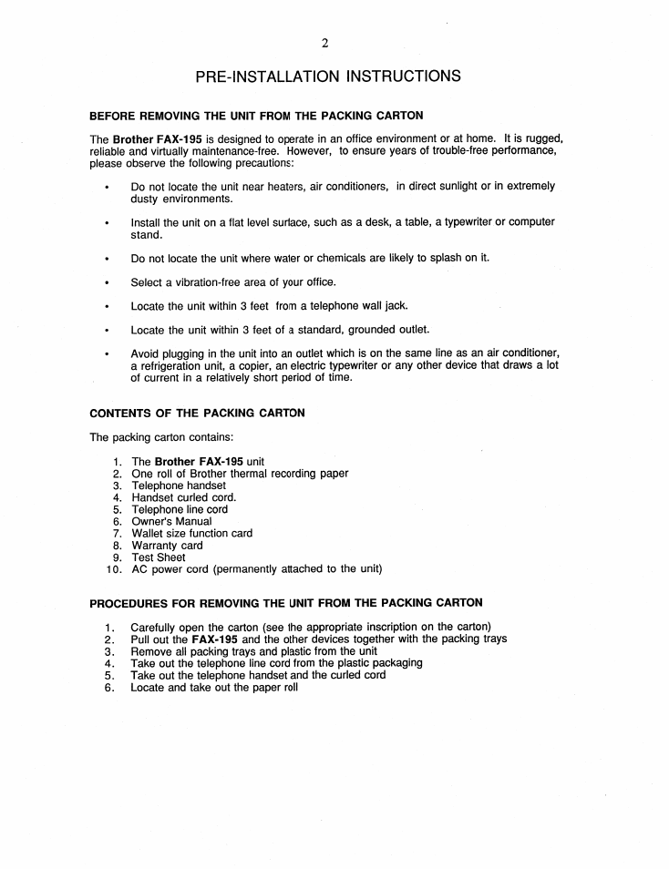 Pre-installation instructions | Brother FAX-195 User Manual | Page 8 / 40